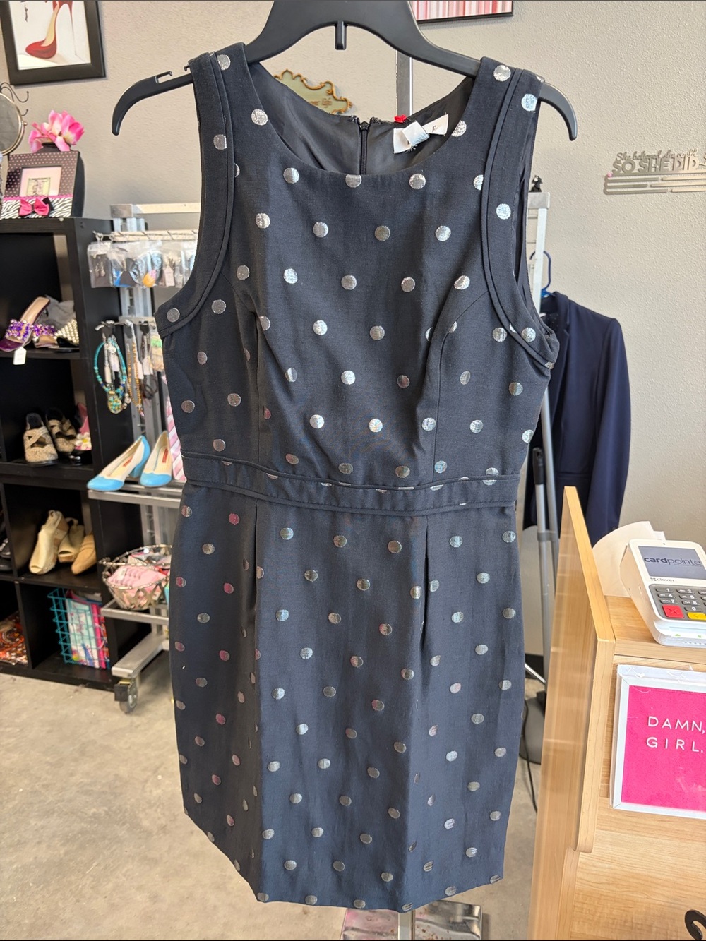 Elle Black Sleeveless Mini Dress with Silver Polka Dots